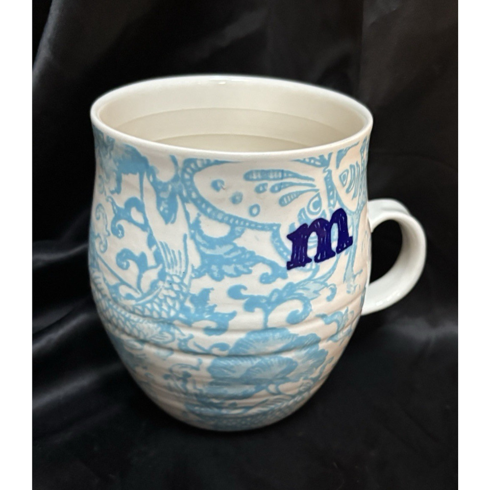 ANTHROPOLOGIE Homegrown Alphabet Monogram Ceramic Mugs Letter M Blue MINT 4"